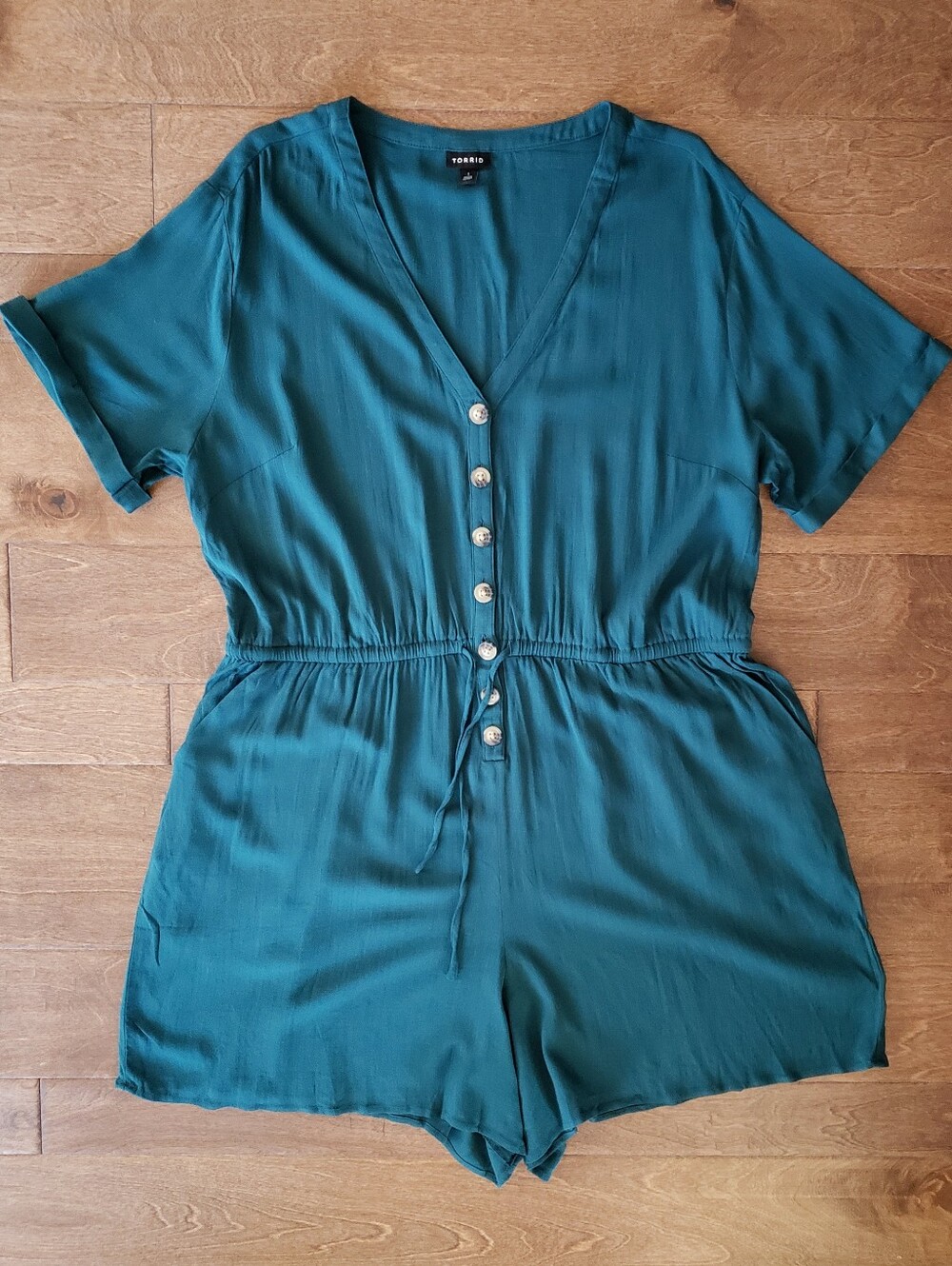 Torrid Teal Short-Sleeve One-Piece Romper with Button Front